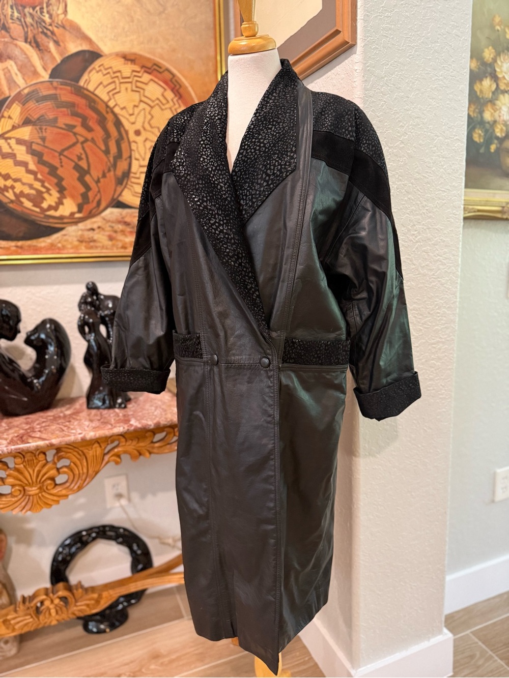 Vintage Pelle Studio Black Leather-Blend Trench Coat with Textured Shawl Collar